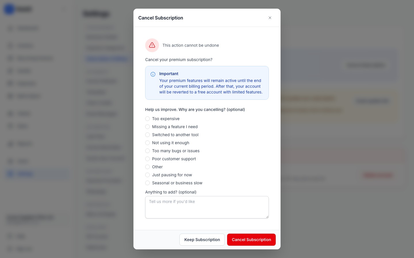 settings cancel subscription modal