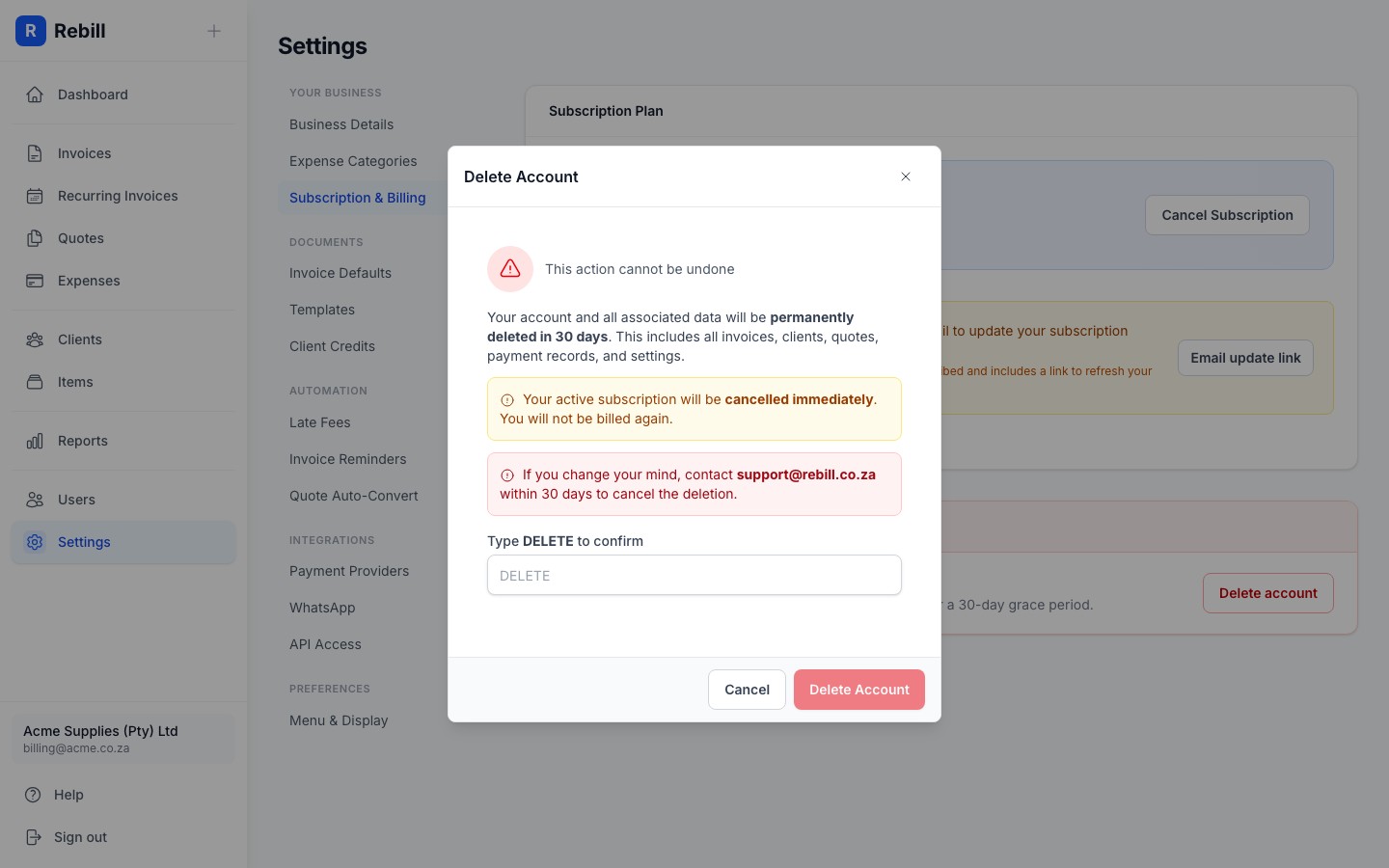 settings delete account modal
