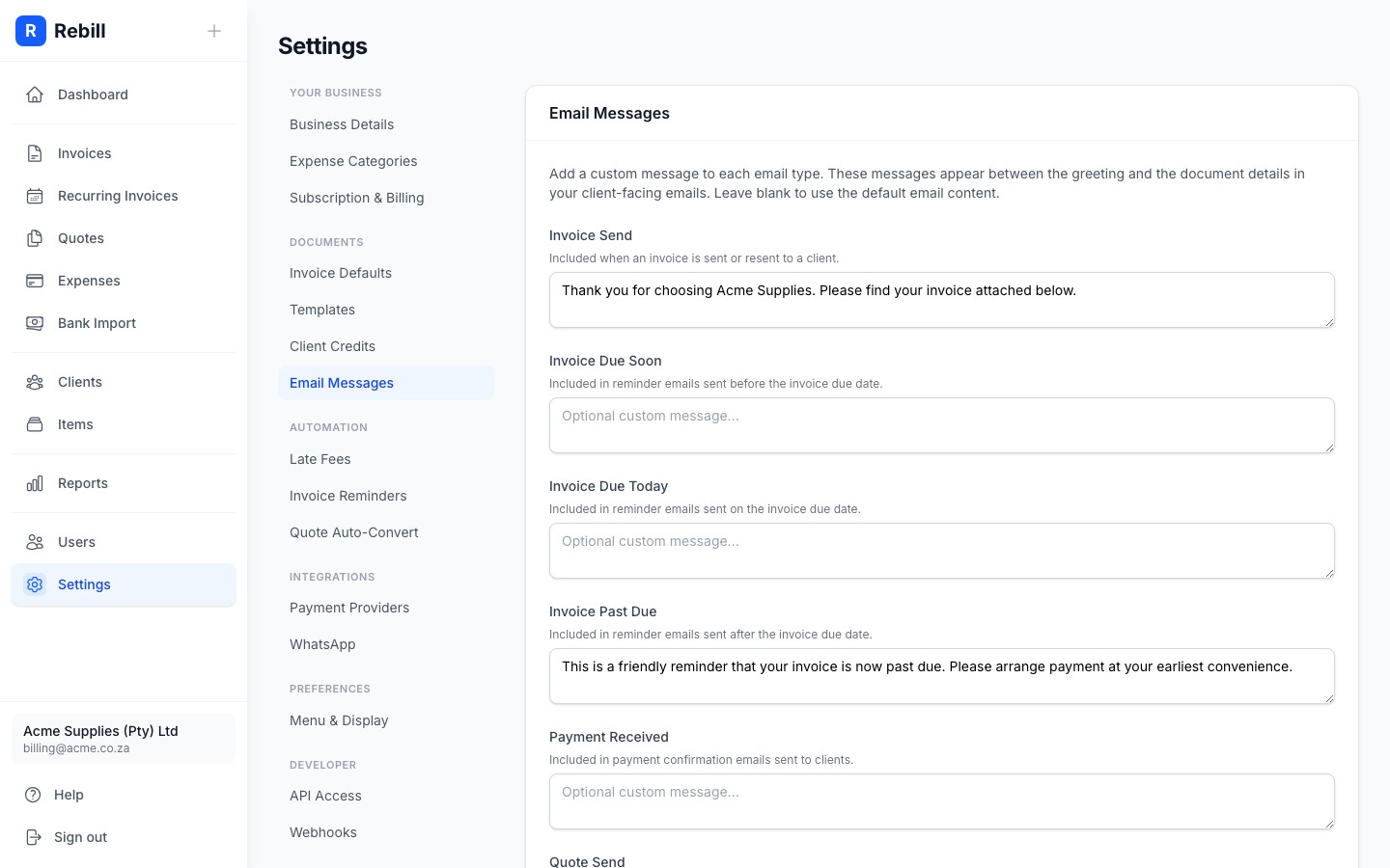 settings email messages tab