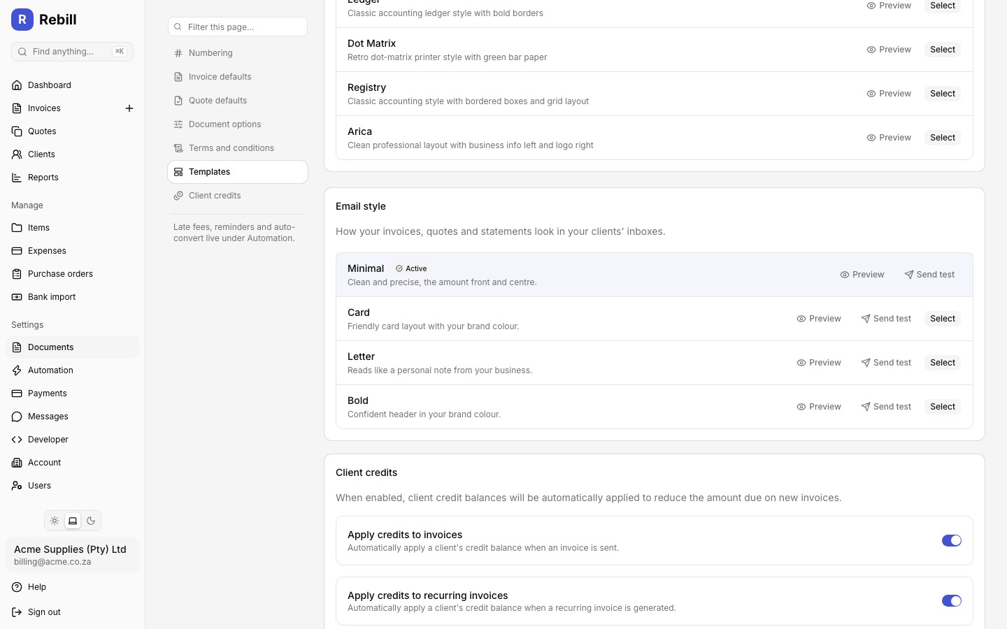 settings email style
