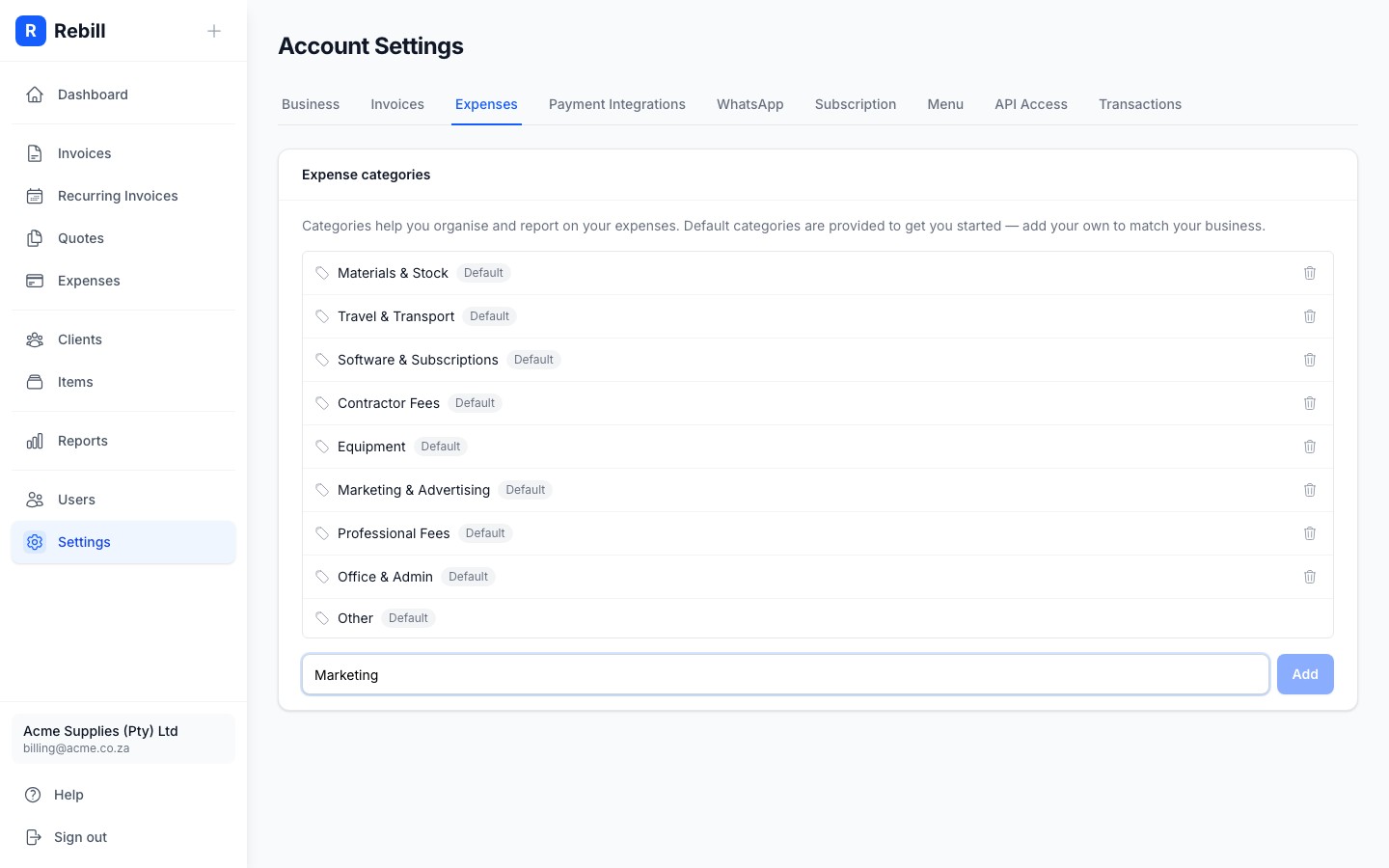settings expense categories add
