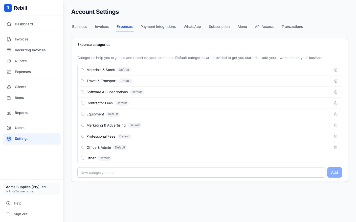settings expense categories