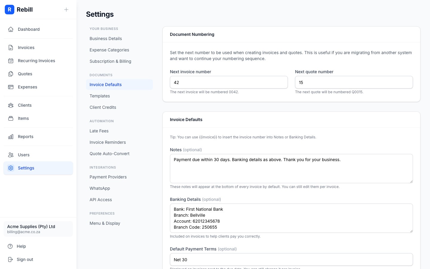 settings payment terms