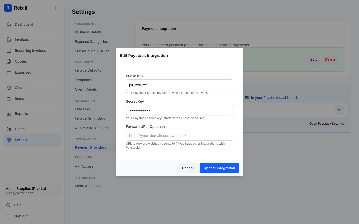 settings paystack keys