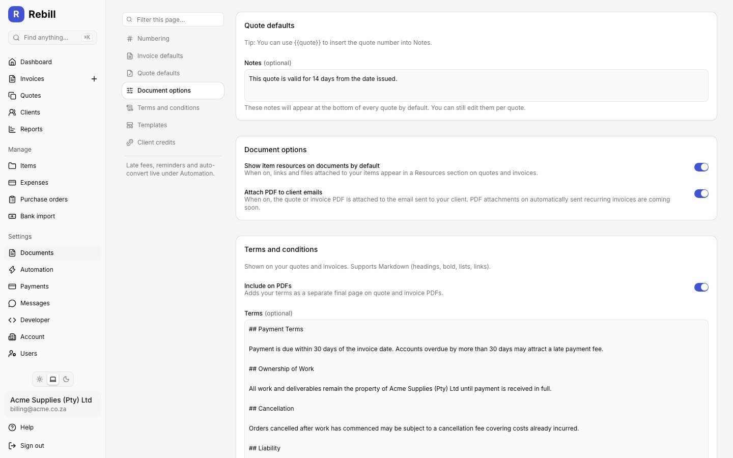 settings quote defaults