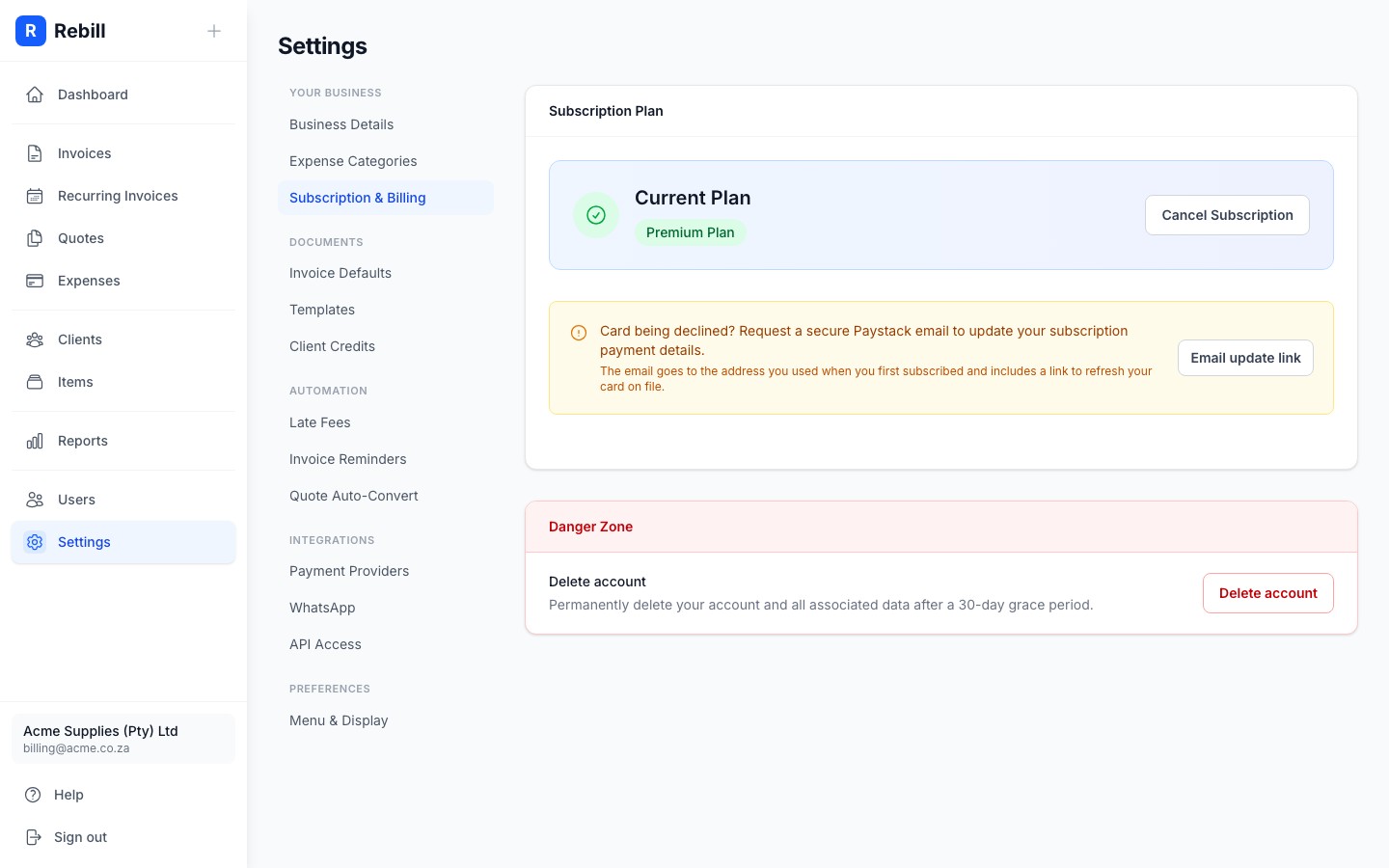 Settings Subscription tab showing Free vs Premium comparison