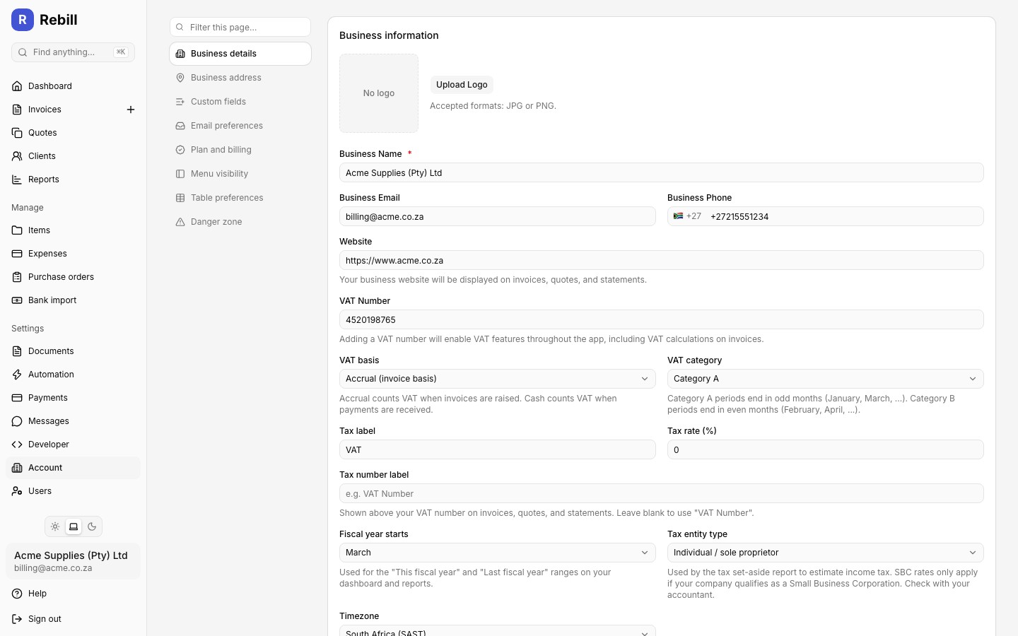settings tax entity type