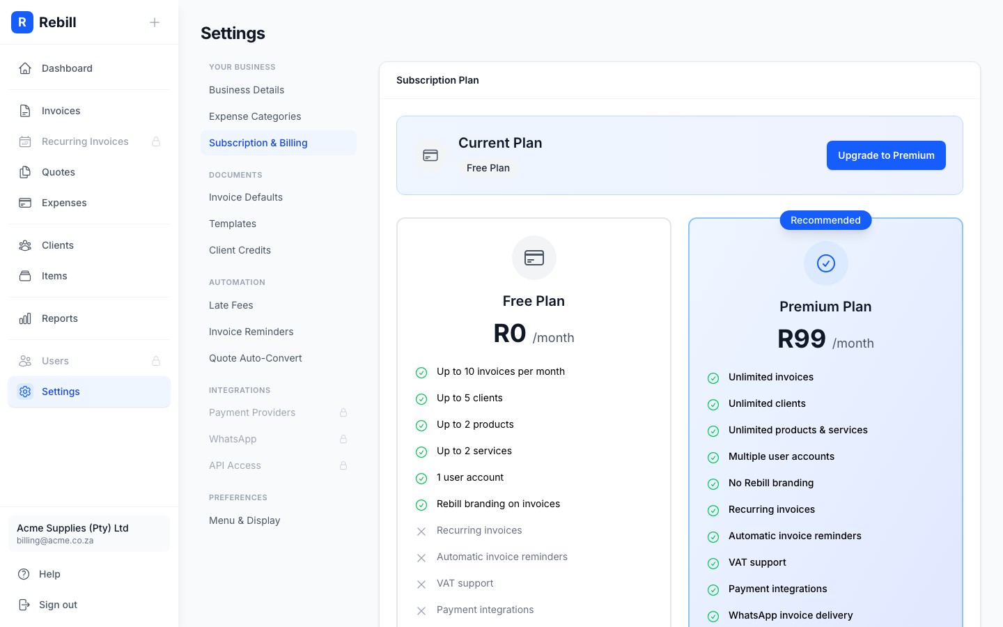 settings upgrade payment
