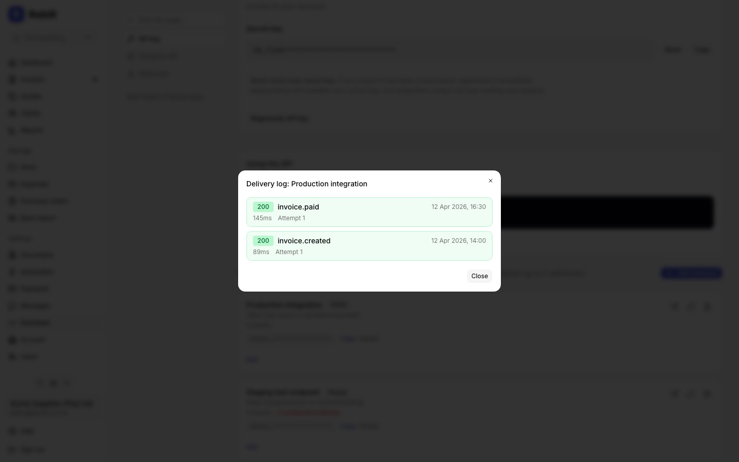 Webhook delivery log showing recent delivery attempts with status codes and durations