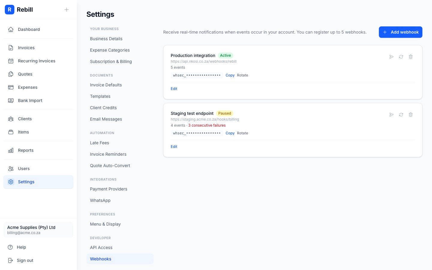 settings webhooks secret