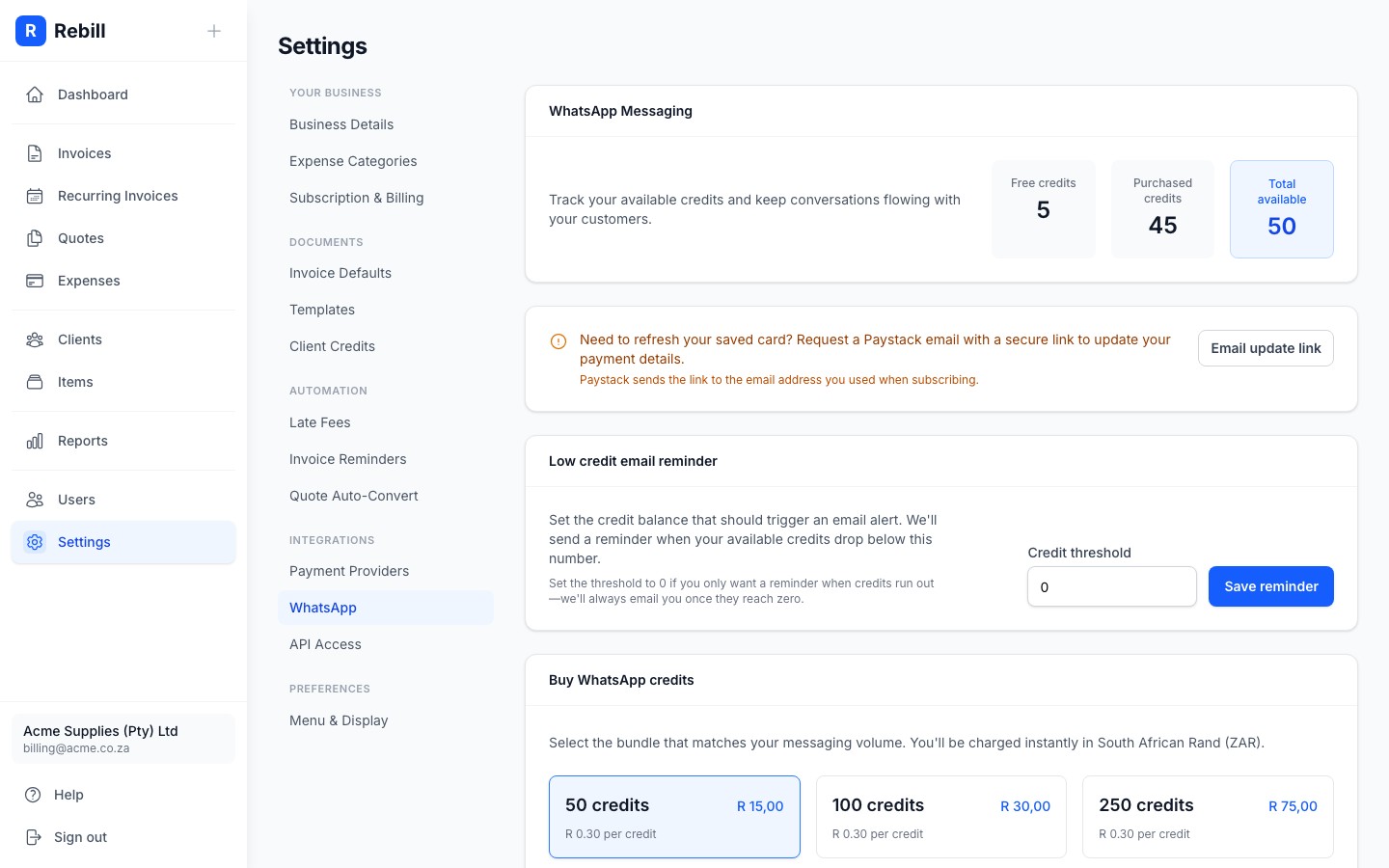 settings whatsapp bundles