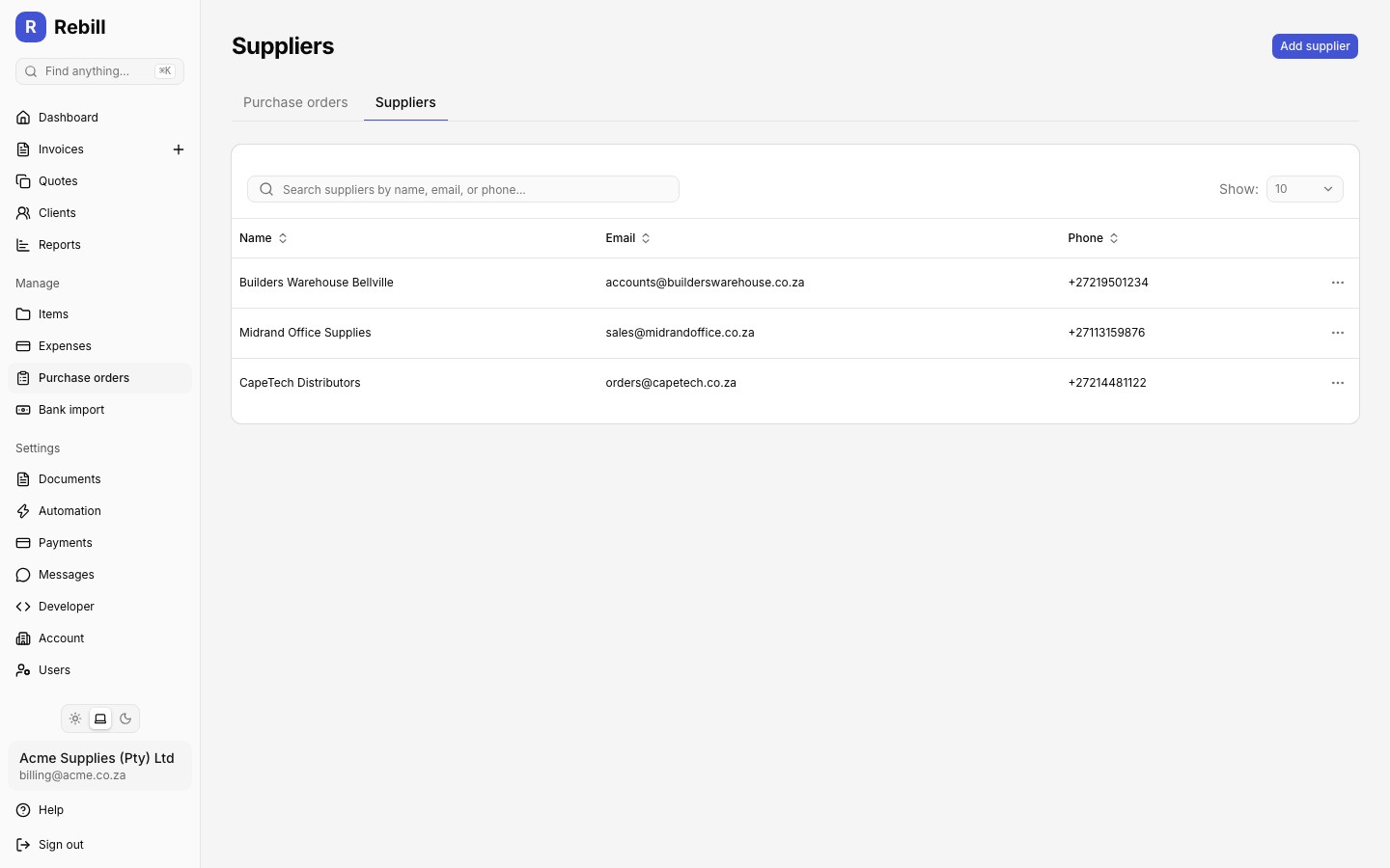 suppliers list